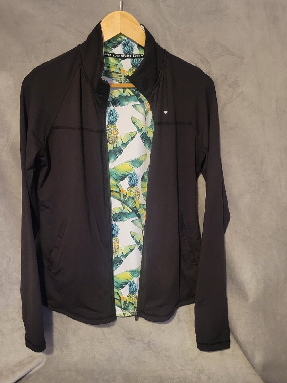 Love Fitness Pineapple Jacket Women's Black Track Full Zip Print Lining L